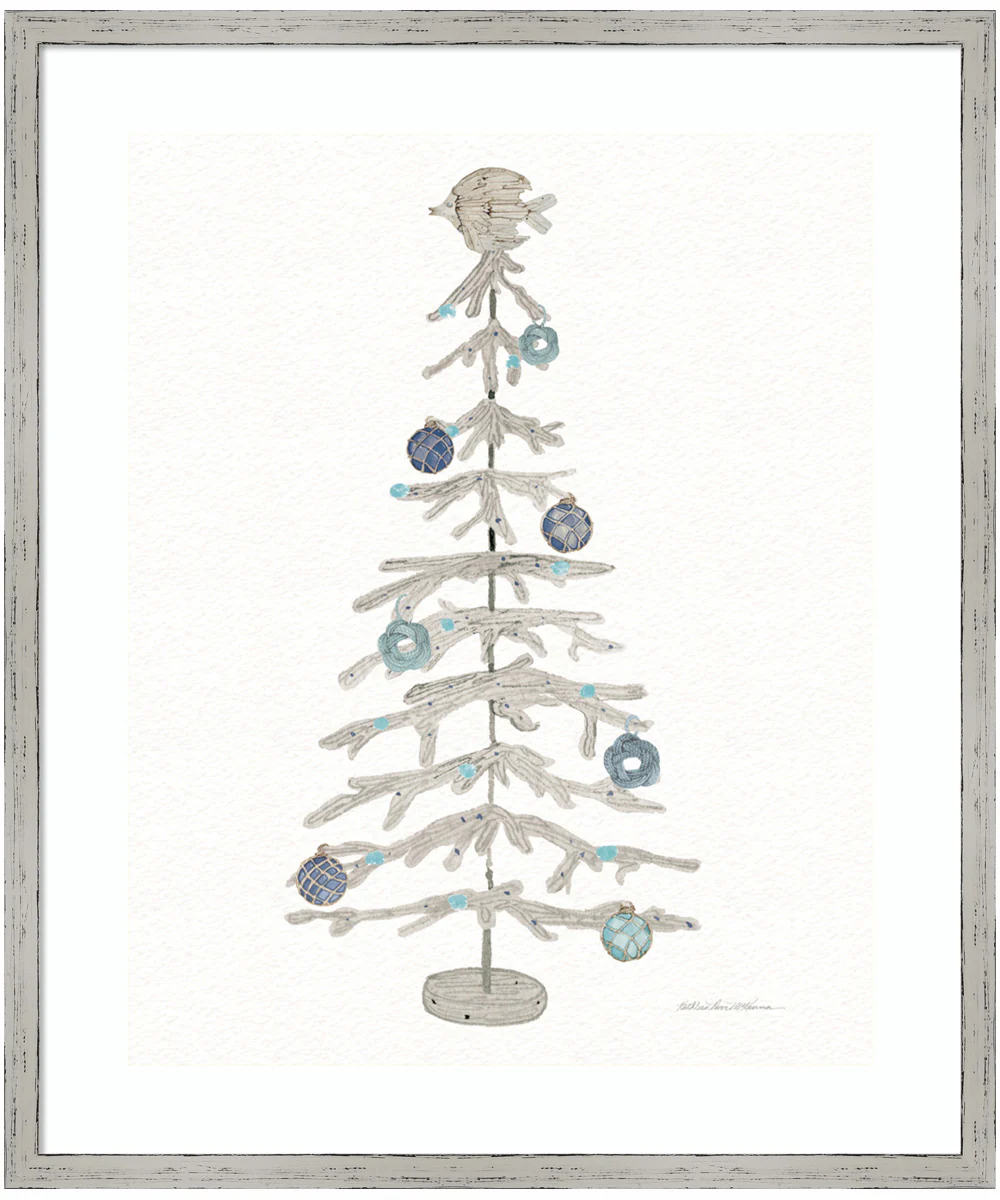 Decorative Coastal Holiday Tree IV by Kathleen Parr McKenna Wood Framed Wall Art Print (21 W x 25 H), Shiplap White Narrow Frame