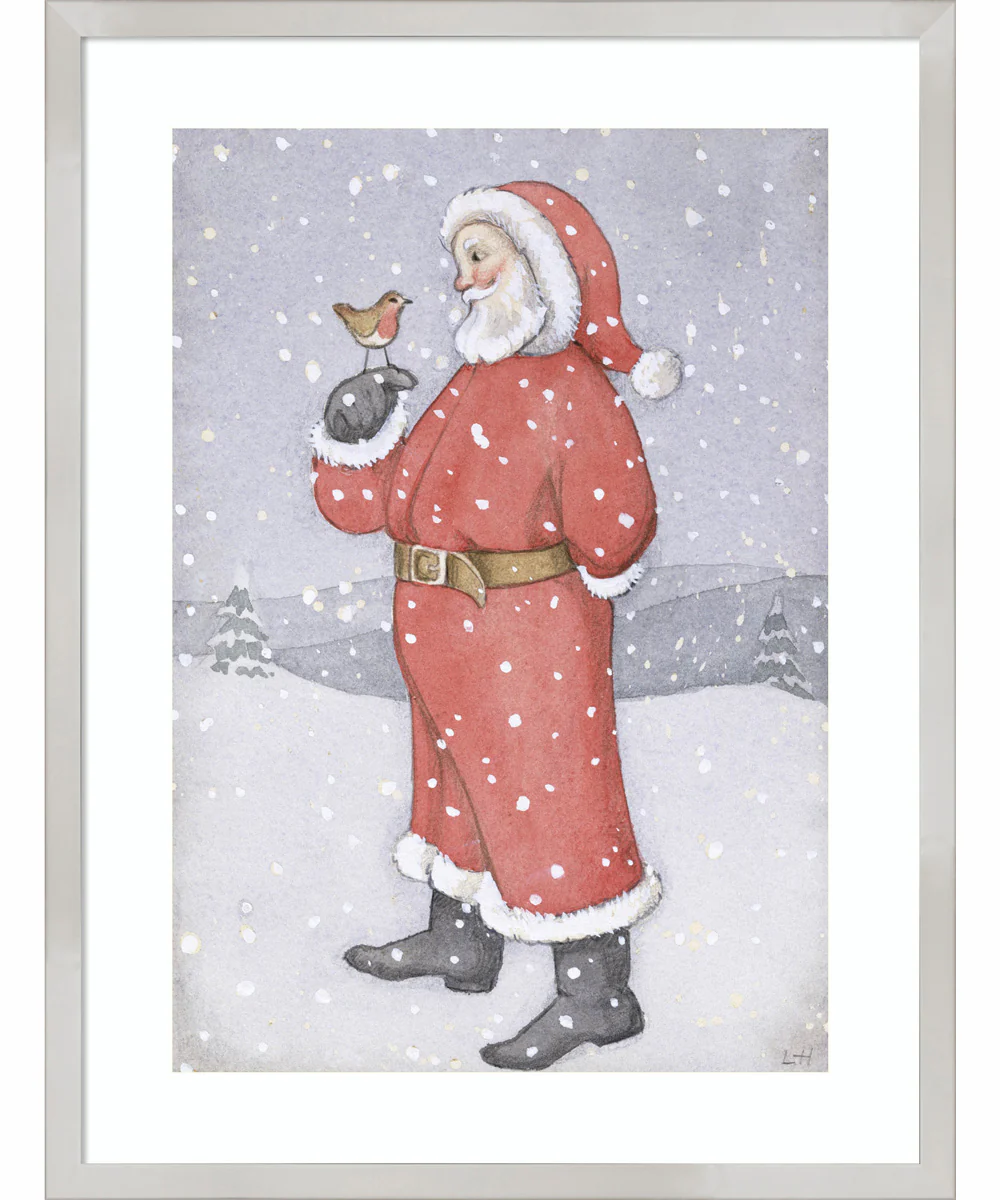 Father Christmas and a Robin by Lavinia Hamer Wood Framed Wall Art Print (19 W x 25 H), Svelte Silver Frame