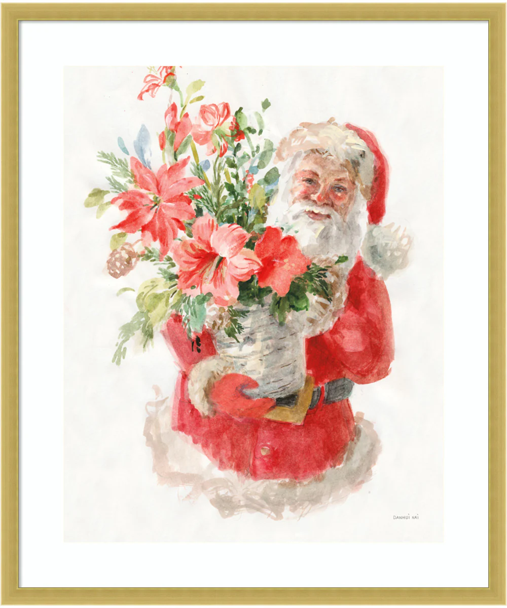 Floral Santa by Danhui Nai Wood Framed Wall Art Print (21 W x 25 H), Svelte Polished Gold Frame
