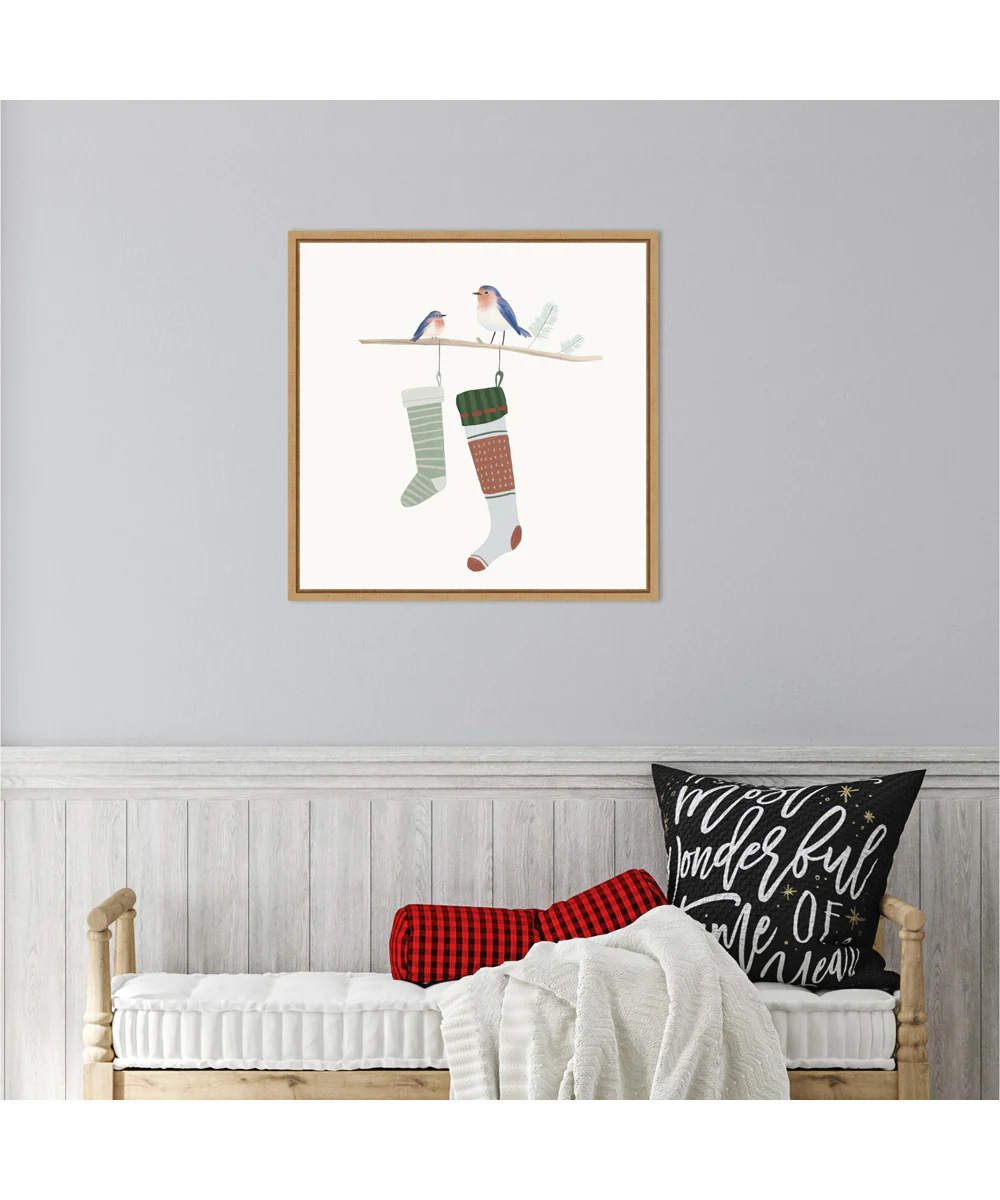 Framed Blue Birds of Christmas Happiness I by Lucca Sheppard Canvas Wall Art Print (22 W x 22 H), Sylvie Maple Frame - Image 2