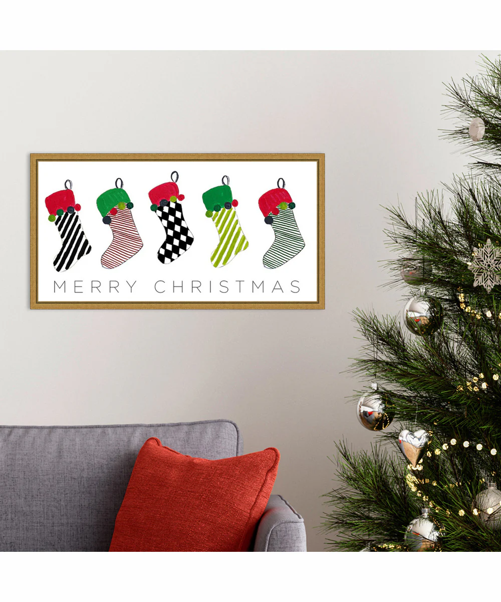 Framed Christmas Stockings by Patricia Pinto Canvas Wall Art Print (27  W x 14  H), Sylvie Gold Frame - Image 2