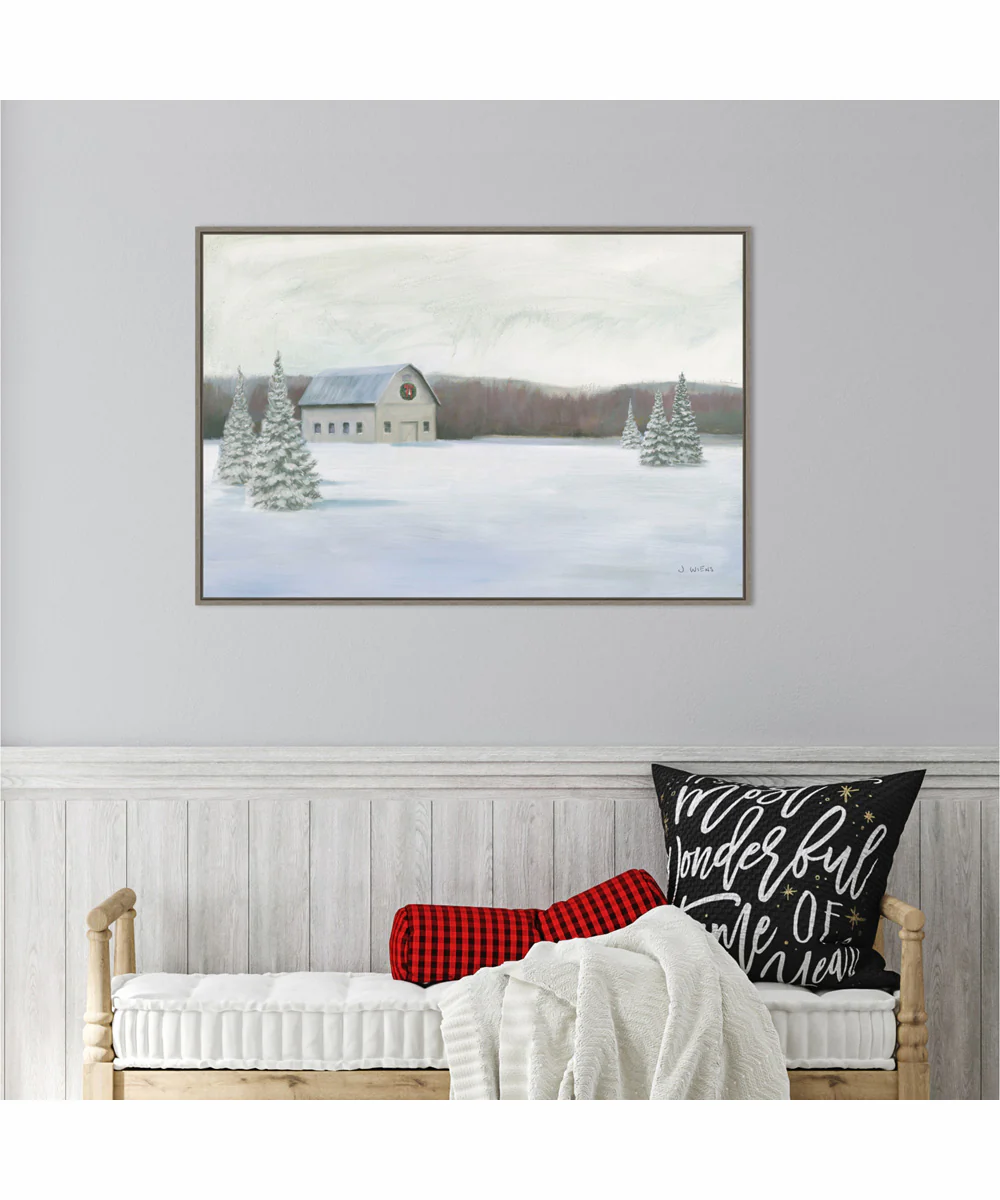 Framed Holiday Winter Barn by James Wiens Canvas Wall Art Print (33  W x 23  H), Sylvie Greywash Frame - Image 2