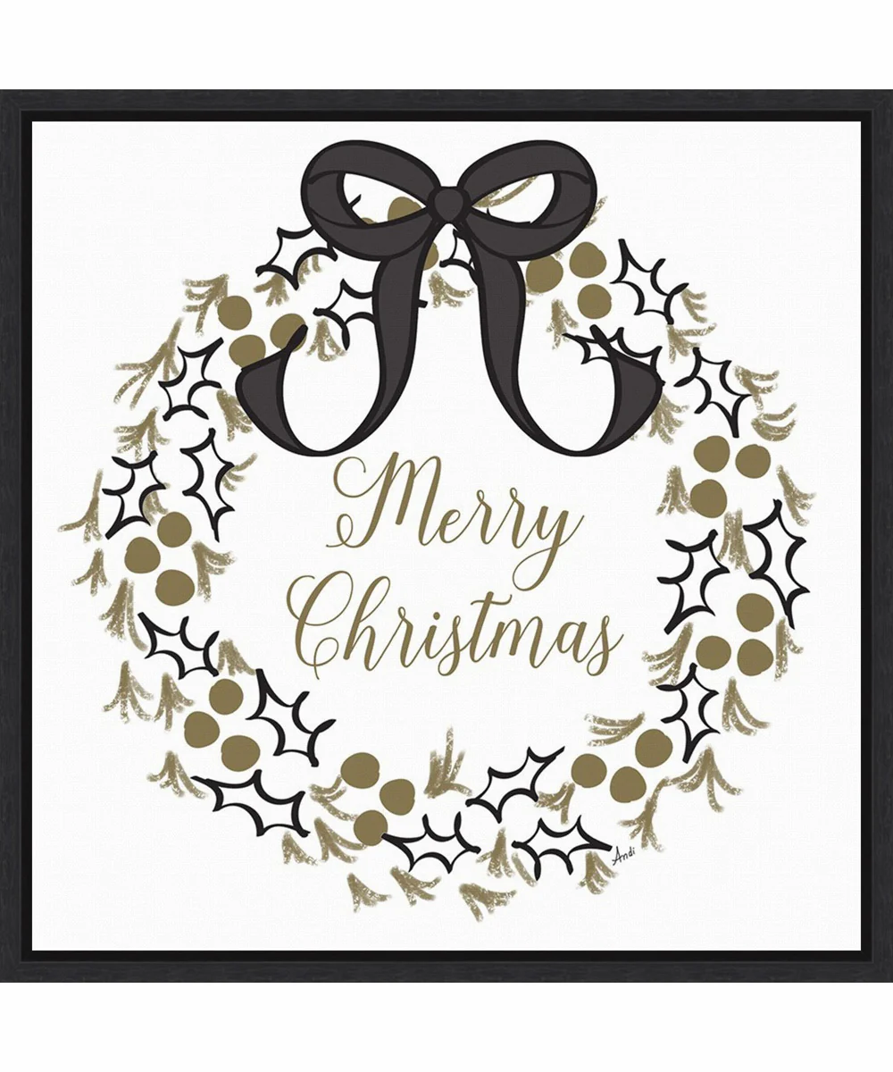 Framed Merry Christmas Wreath by Andi Metz Canvas Wall Art Print (22 W x 22 H), Sylvie Black Frame