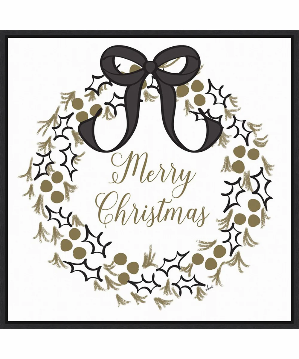 Framed Merry Christmas Wreath by Andi Metz Canvas Wall Art Print (30 W x 30 H), Sylvie Black Frame