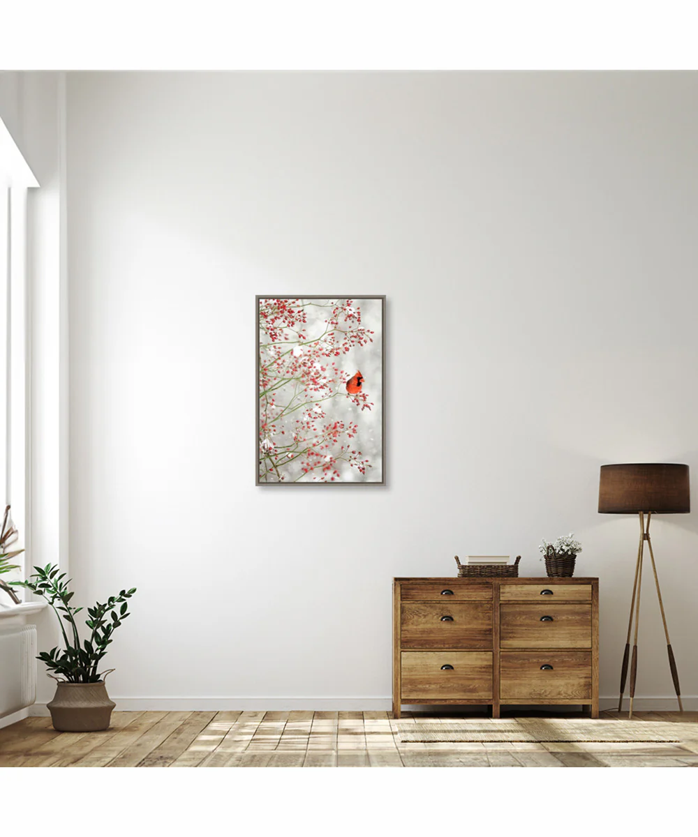 Framed Red Cardinal and Red Berries by Carrie Ann Grippo-pike Canvas Wall Art Print (23  W x 33  H), Sylvie Greywash Frame - Image 2