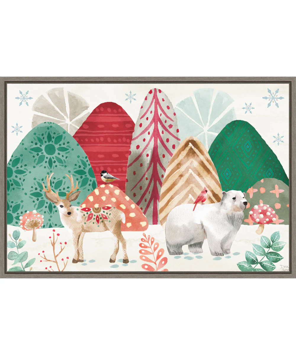Framed Snowy Christmas Critters I by Dina June Canvas Wall Art Print (33  W x 23  H), Sylvie Greywash Frame