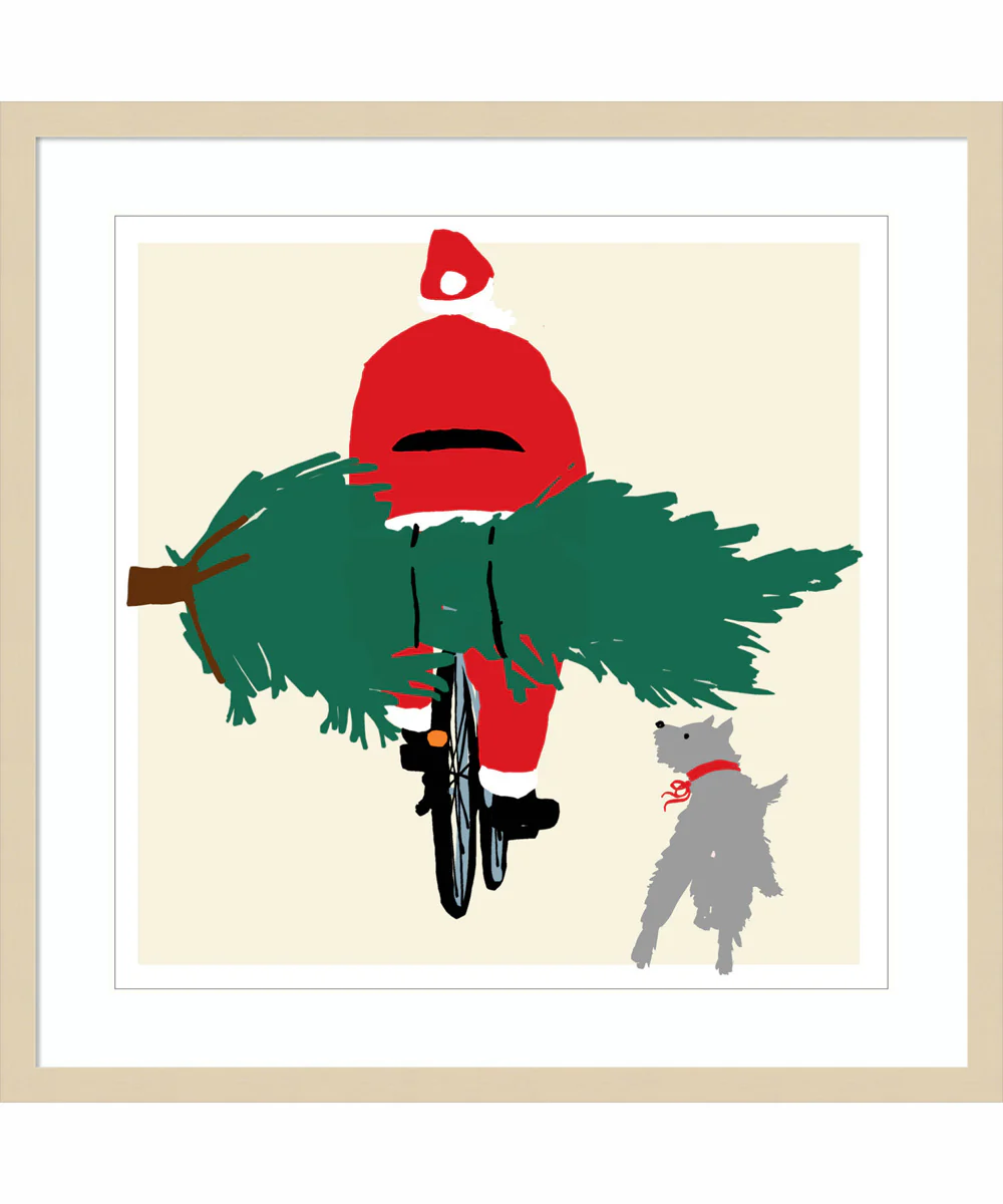 Spruced Up Santa on Bicycle by Jenny Frean Wood Framed Wall Art Print (25 W x 25 H), Svelte Natural Frame