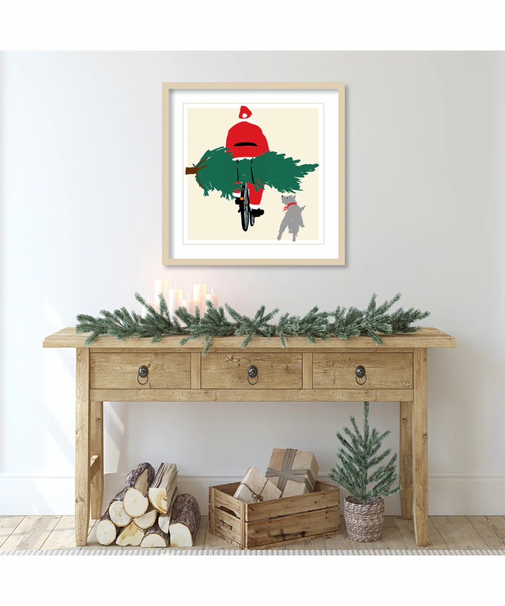 Spruced Up Santa on Bicycle by Jenny Frean Wood Framed Wall Art Print (25 W x 25 H), Svelte Natural Frame - Image 2