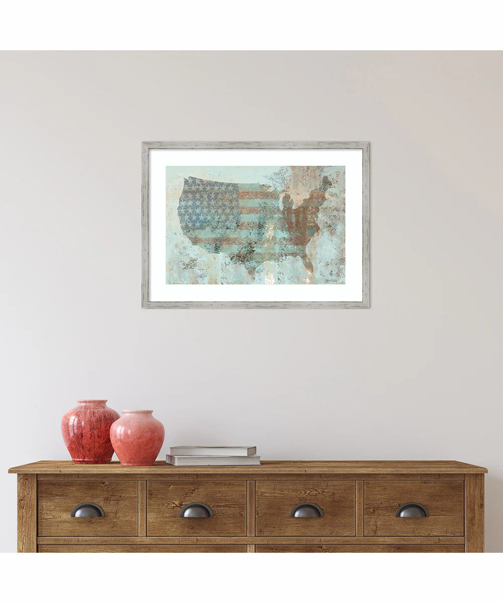 Vintage USA Map by Marie Elaine Cusson Wood Framed Wall Art Print (25  W x 18  H), Shiplap White Narrow Frame - Image 2