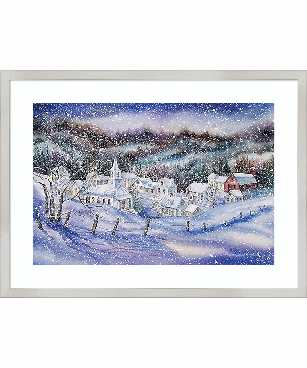 Winter Village Snowscape by Kathleen Parr McKenna Wood Framed Wall Art Print (25 W x 19 H), Svelte Silver Frame