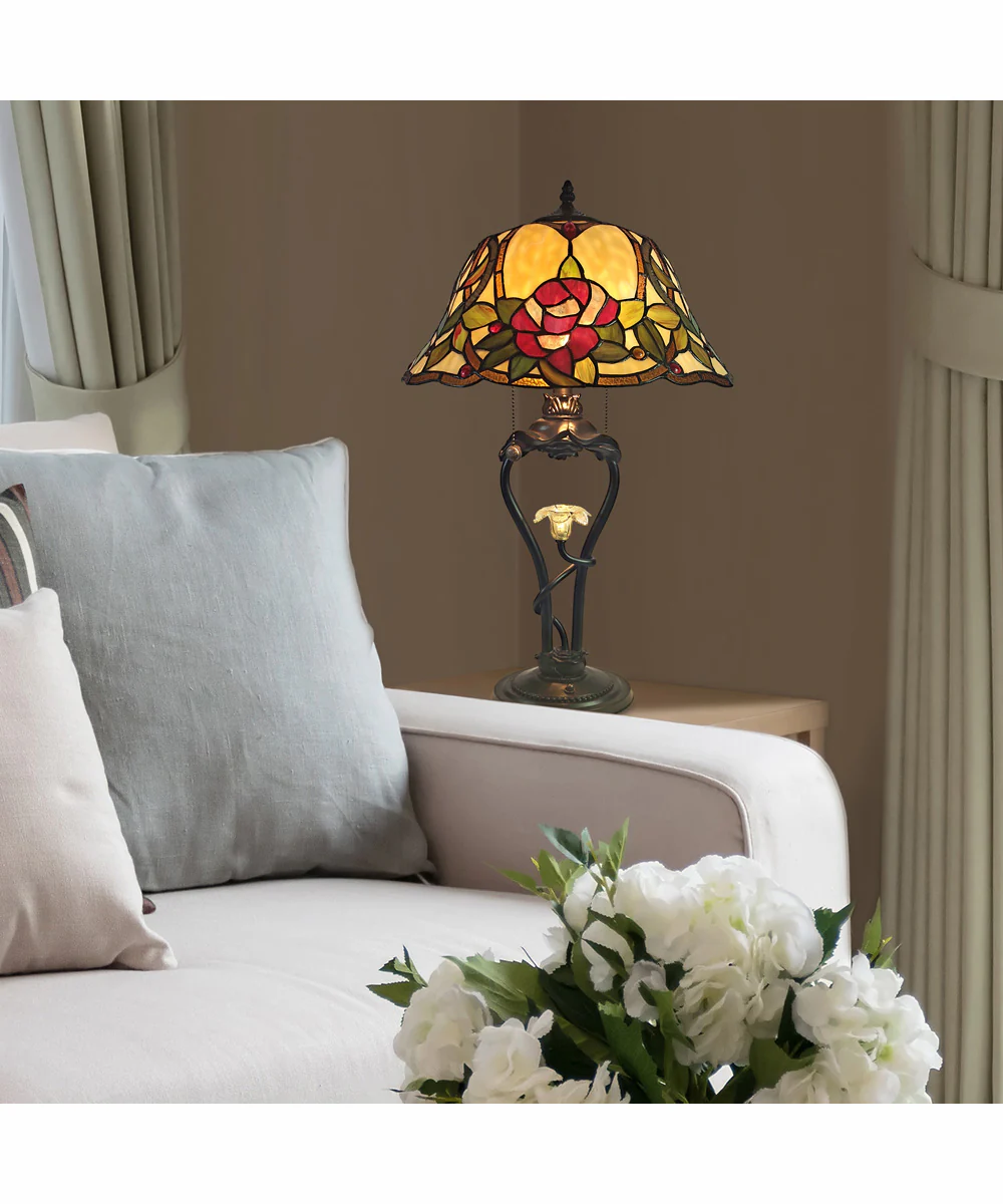 Amber Floral Petal Tiffany Table Lamp With Led Night Light - Image 2