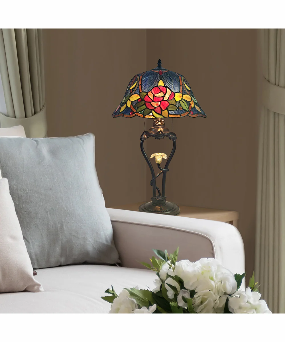 Blue Floral Petal Tiffany Table Lamp With Led Night Light - Image 2