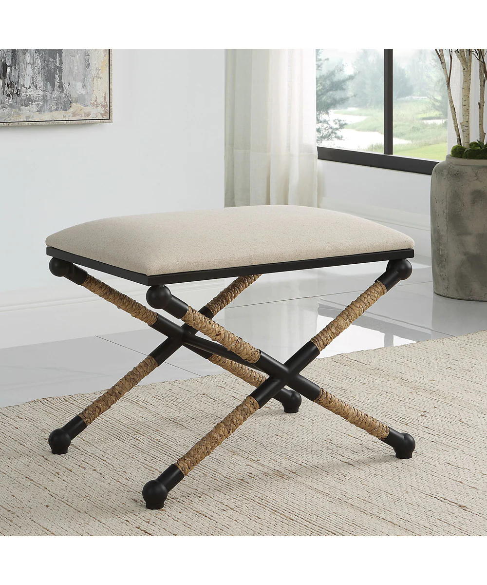 Casual Bench with Iron Frame in Satin Black and Braided Straw - Image 3
