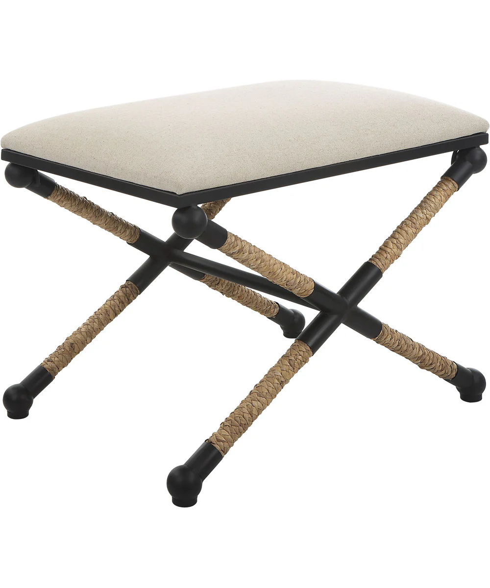 Casual Bench with Iron Frame in Satin Black and Braided Straw - Image 4