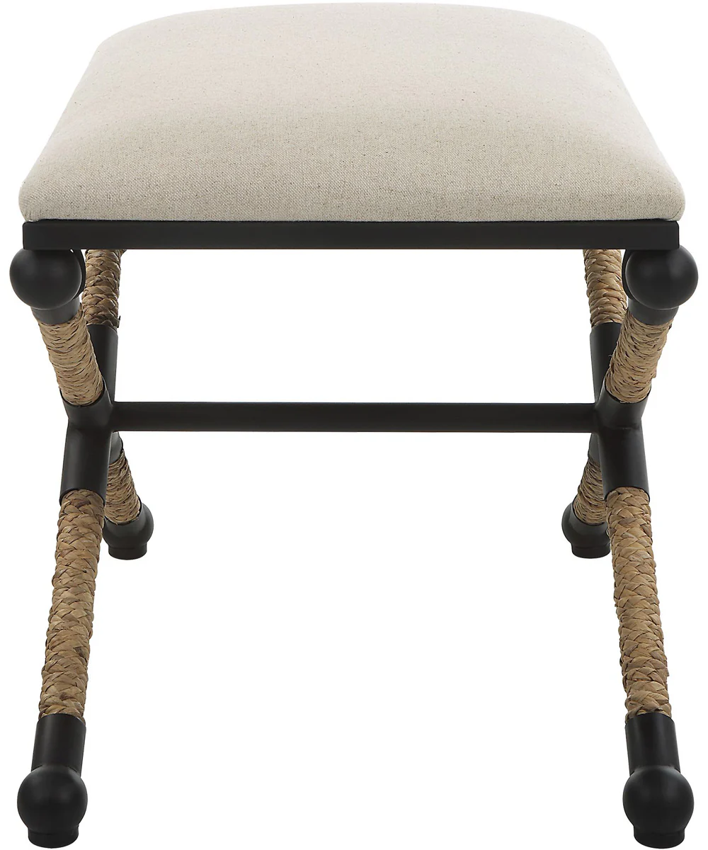 Casual Bench with Iron Frame in Satin Black and Braided Straw - Image 5