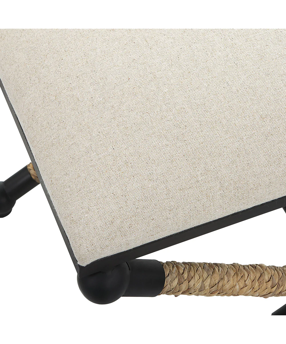 Casual Bench with Iron Frame in Satin Black and Braided Straw - Image 6