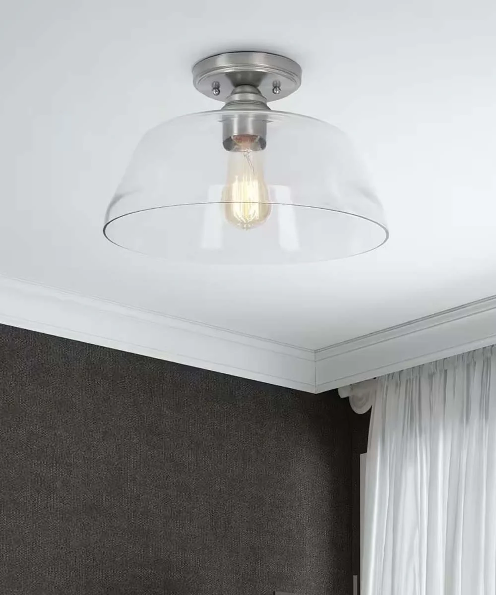 Catalina 13"W 1-Light Semi Flush Mount Vintage Light Fixture Brushed Nickel Finish with Glass Shade - Image 2