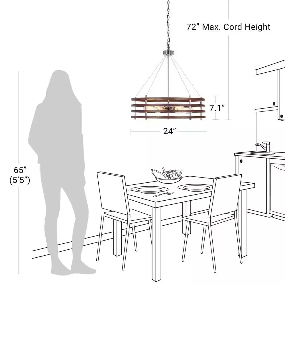 Catalina 24"W 6-Light Polished Nickel Drum Modern Pendant Mahogany Wood Finish Shade - Image 3