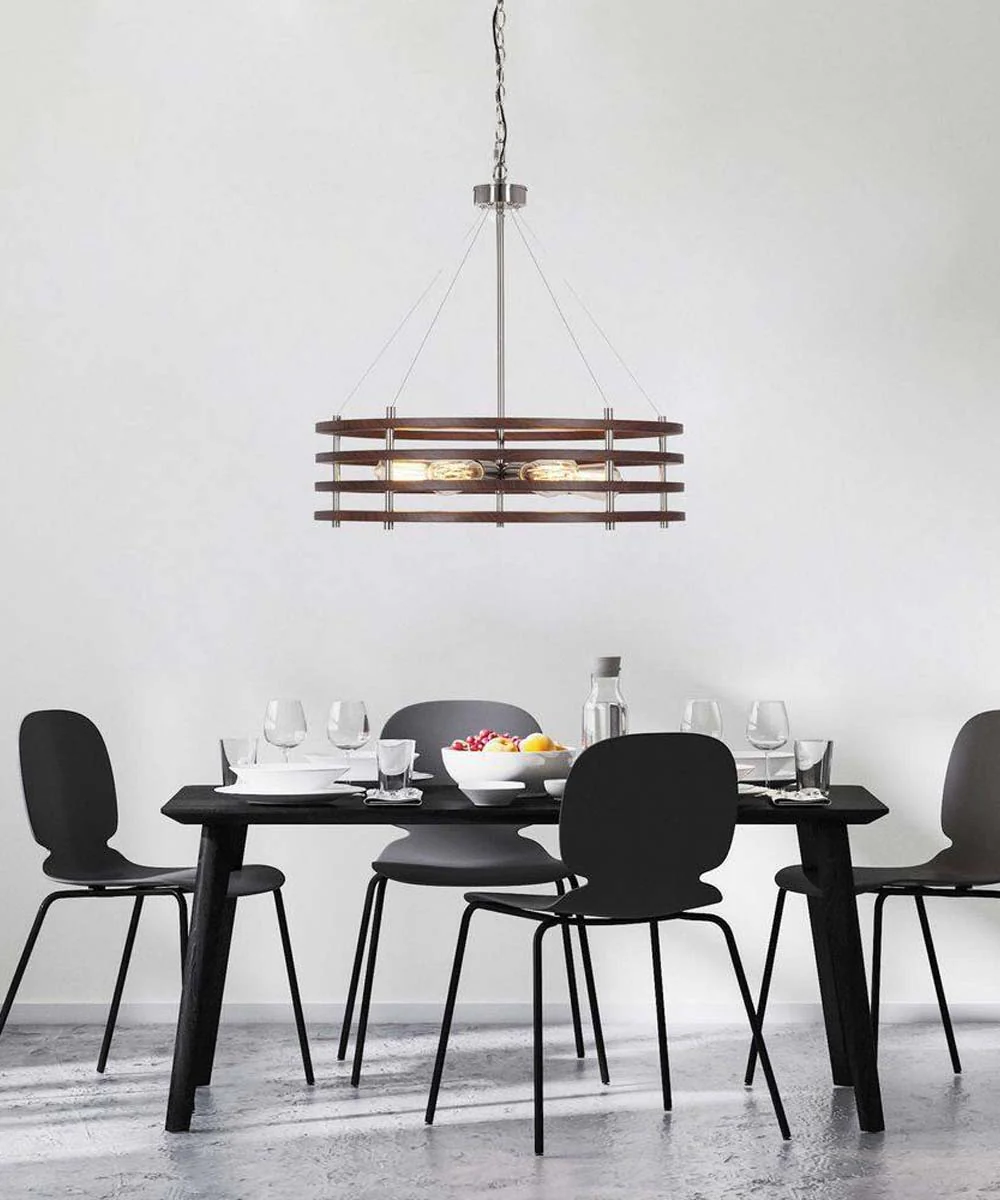 Catalina 24"W 6-Light Polished Nickel Drum Modern Pendant Mahogany Wood Finish Shade - Image 4