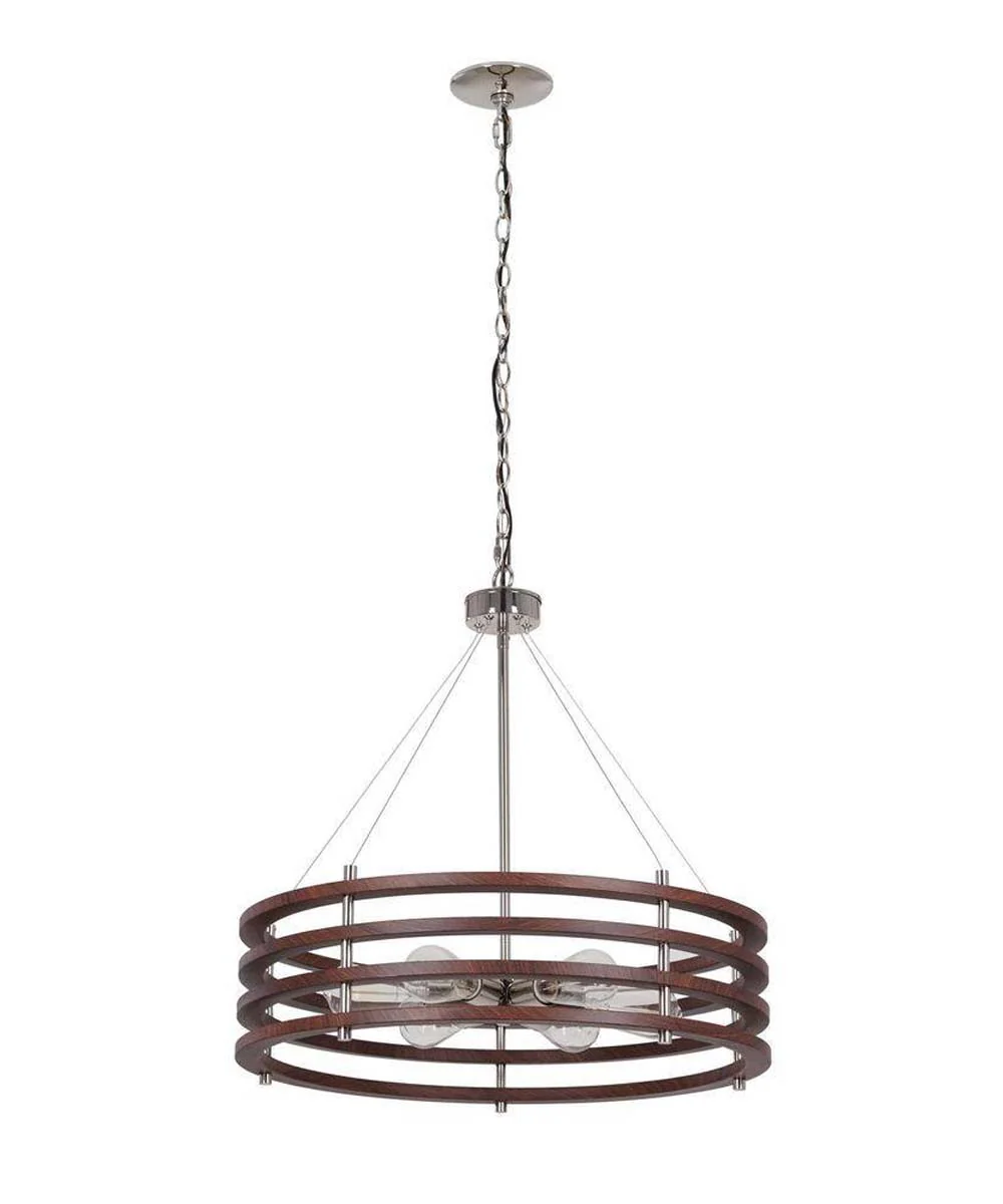Catalina 24"W 6-Light Polished Nickel Drum Modern Pendant Mahogany Wood Finish Shade - Image 5
