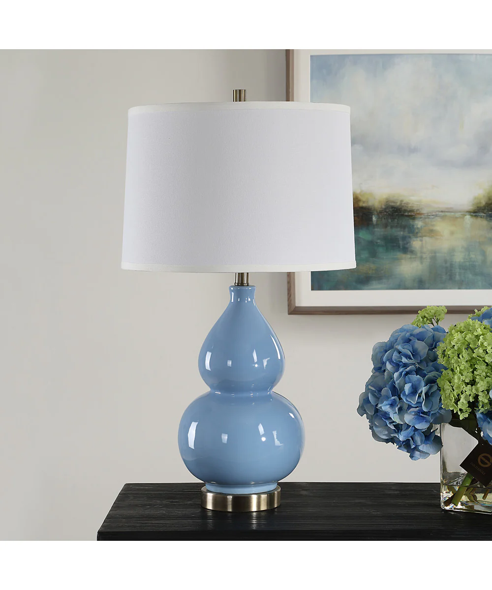 Ceramic Gourd Table Lamp in Powder Blue with White Linen - Image 2