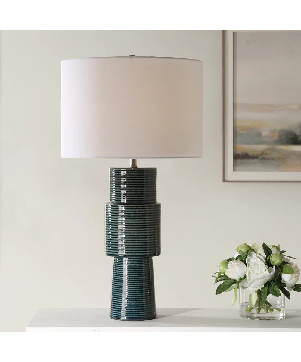 Ceramic Table Lamp in Ribbed Teal and White Linen - Image 2