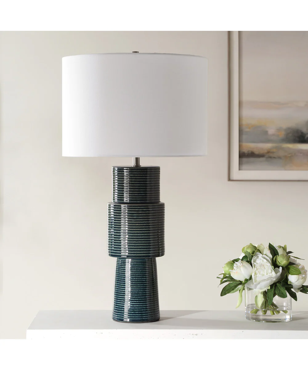 Ceramic Table Lamp in Ribbed Teal and White Linen - Image 3