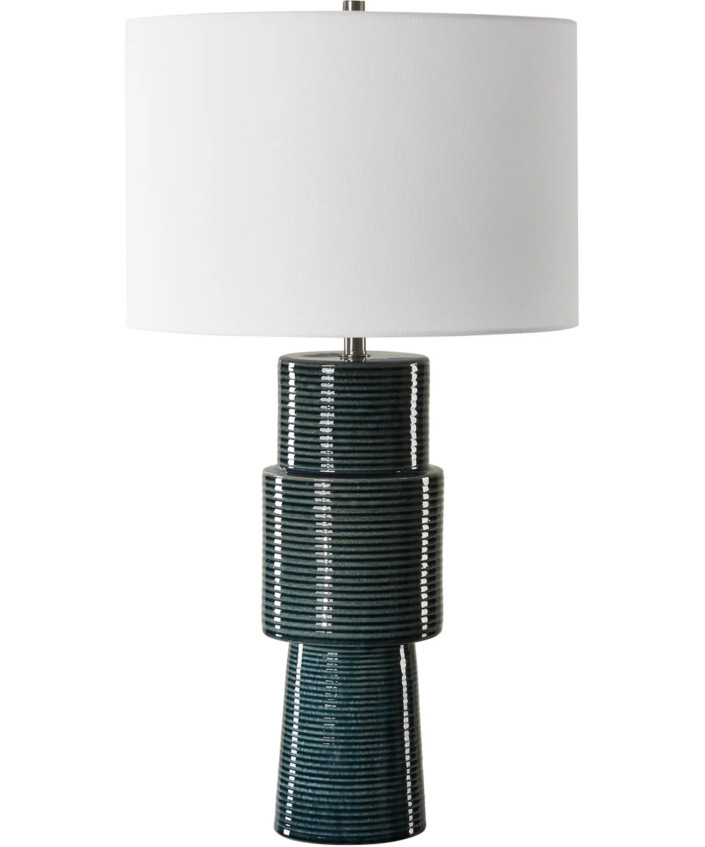 Ceramic Table Lamp in Ribbed Teal and White Linen - Image 4
