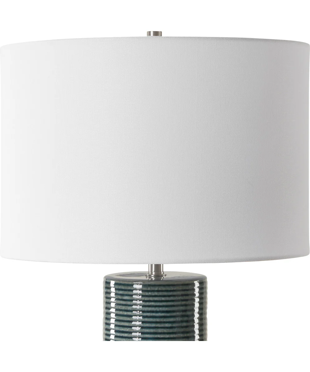 Ceramic Table Lamp in Ribbed Teal and White Linen - Image 5