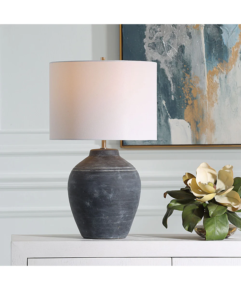 Ceramic Table Lamp in Weathered Black with White Linen - Image 2