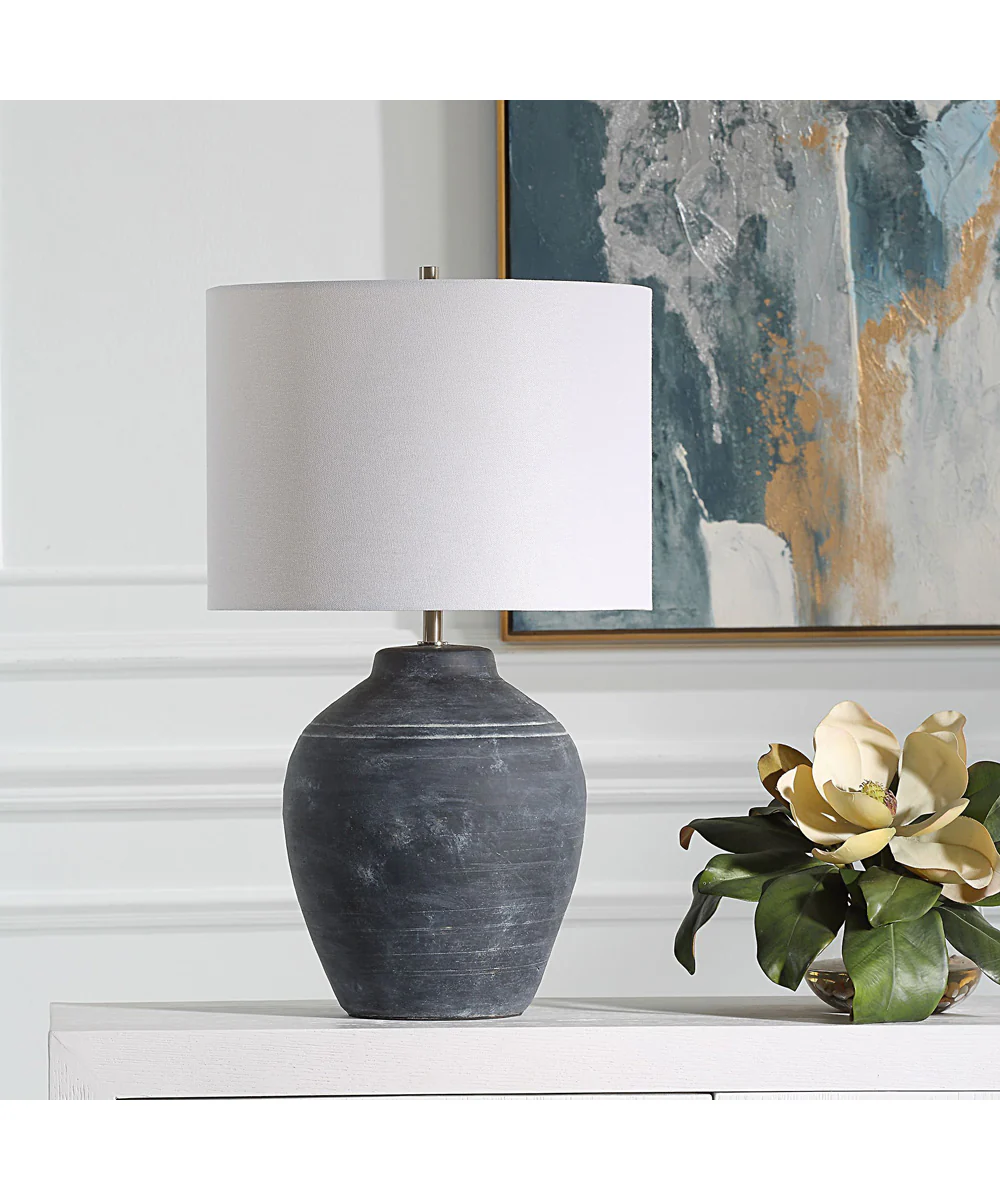 Ceramic Table Lamp in Weathered Black with White Linen - Image 3