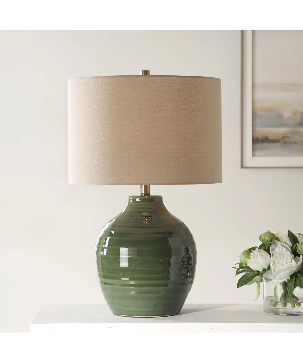 Ceramic Table Lamp Textured Moss Green and Beige Linen - Image 2
