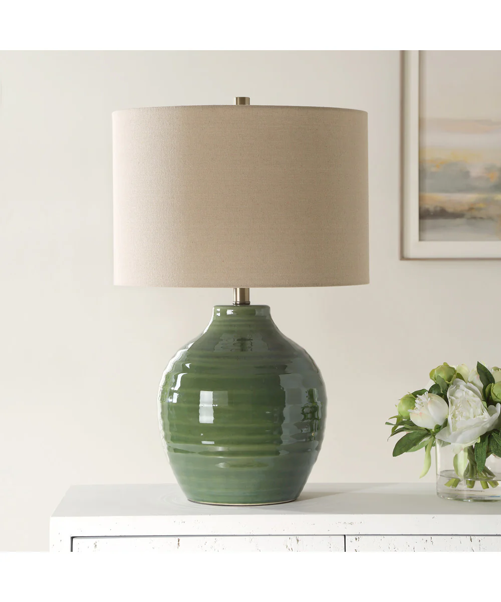 Ceramic Table Lamp Textured Moss Green and Beige Linen - Image 3