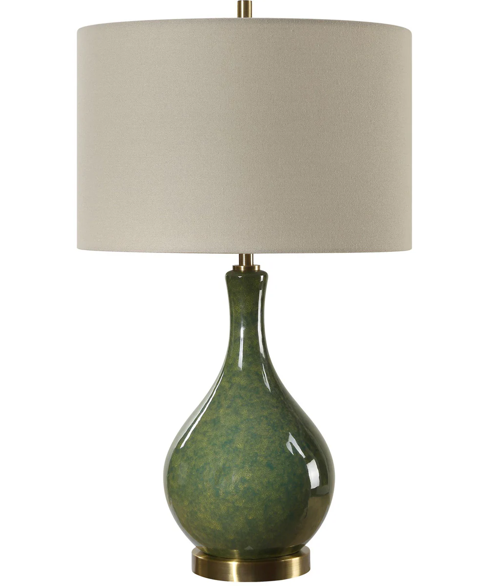 Ceramic Table Lamp with Emerald Green Glaze and Beige Linen - Image 4