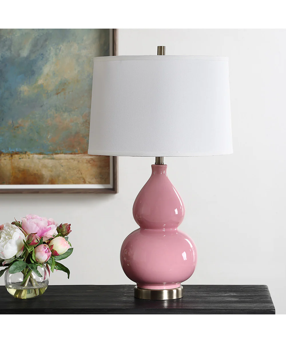 Ceramic Table Lamp with Pink Glaze and White Linen - Image 2