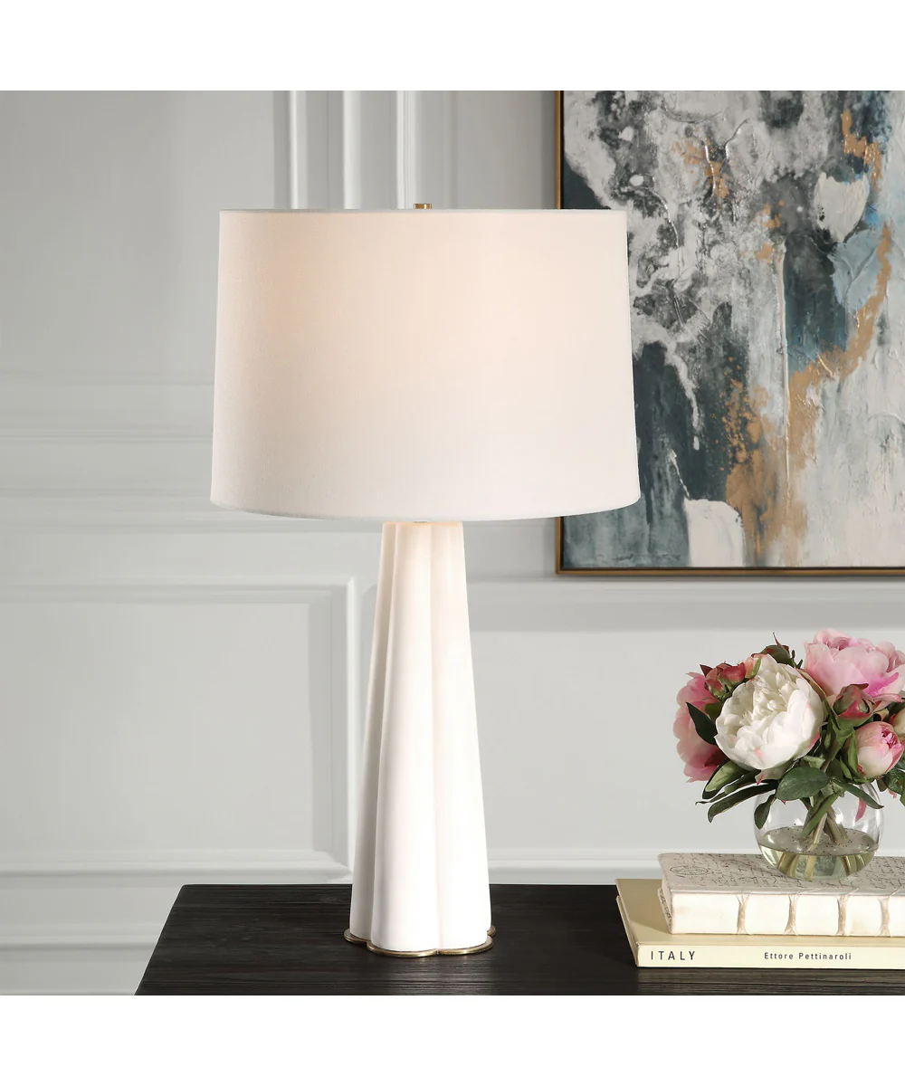 Ceramic Table Lamp with White Satin Glaze and White Linen - Image 2