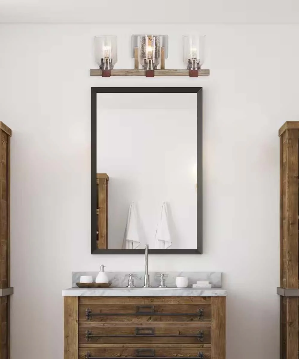 Cresswell 27"W Breckenridge 3-Light Bath Vanity Light Fixture; Brushed Nickel & Walnut Wood Accents & Clear Seeded Glass Shades - Image 2