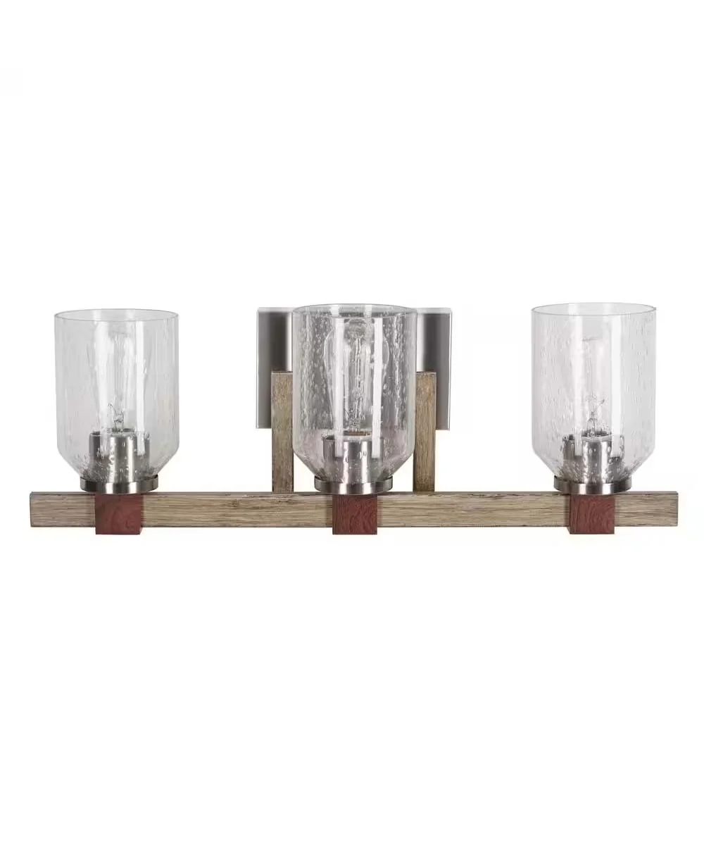 Cresswell 27"W Breckenridge 3-Light Bath Vanity Light Fixture; Brushed Nickel & Walnut Wood Accents & Clear Seeded Glass Shades - Image 3