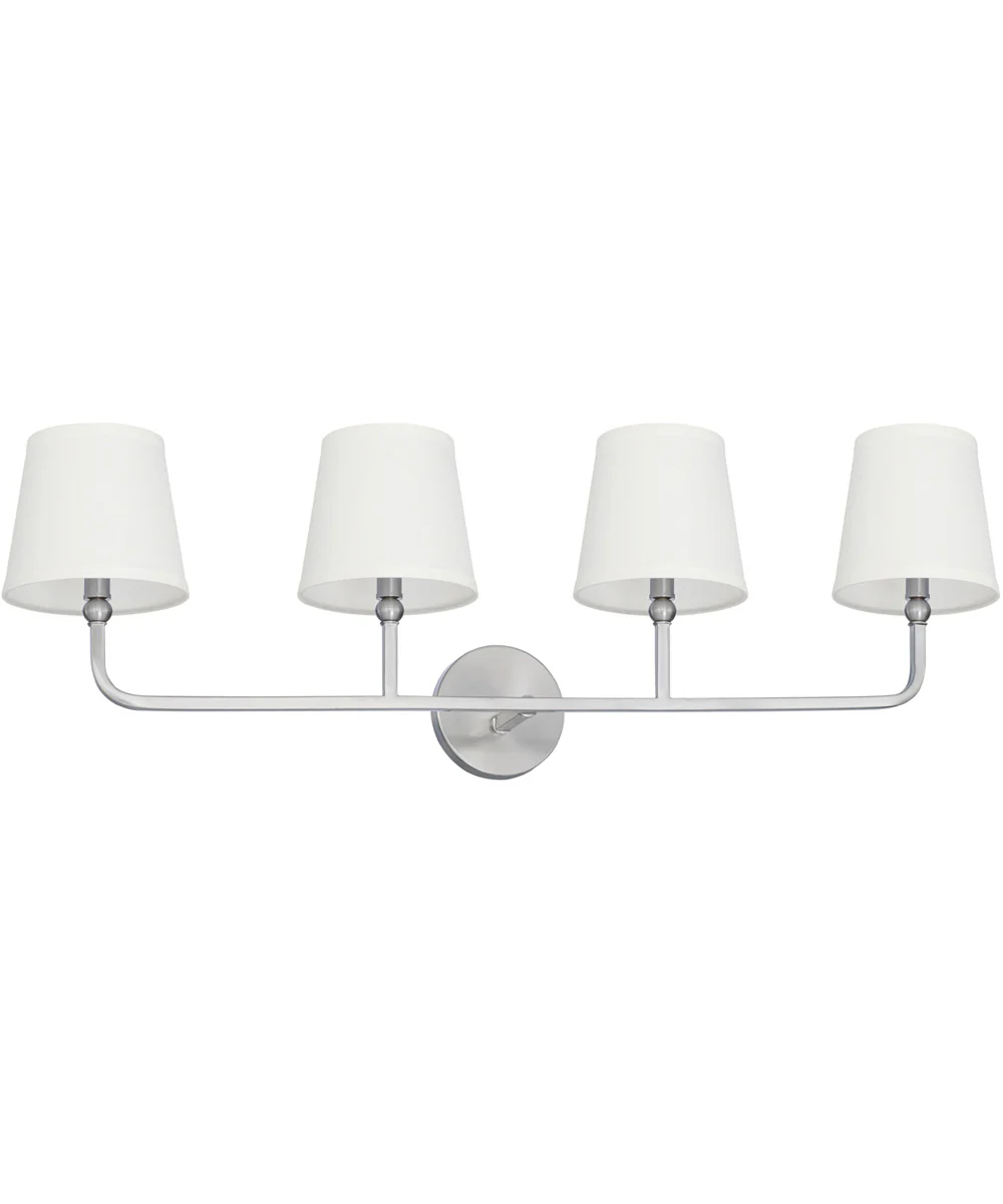 Dawson 4-Light Vanity In Brushed Nickel Finish With Decorative White Fabric Stay-Straight Shades