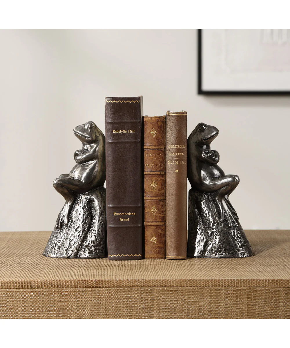Daydreaming Frogs Aged Silver Bookends, Set of 2 - Image 2
