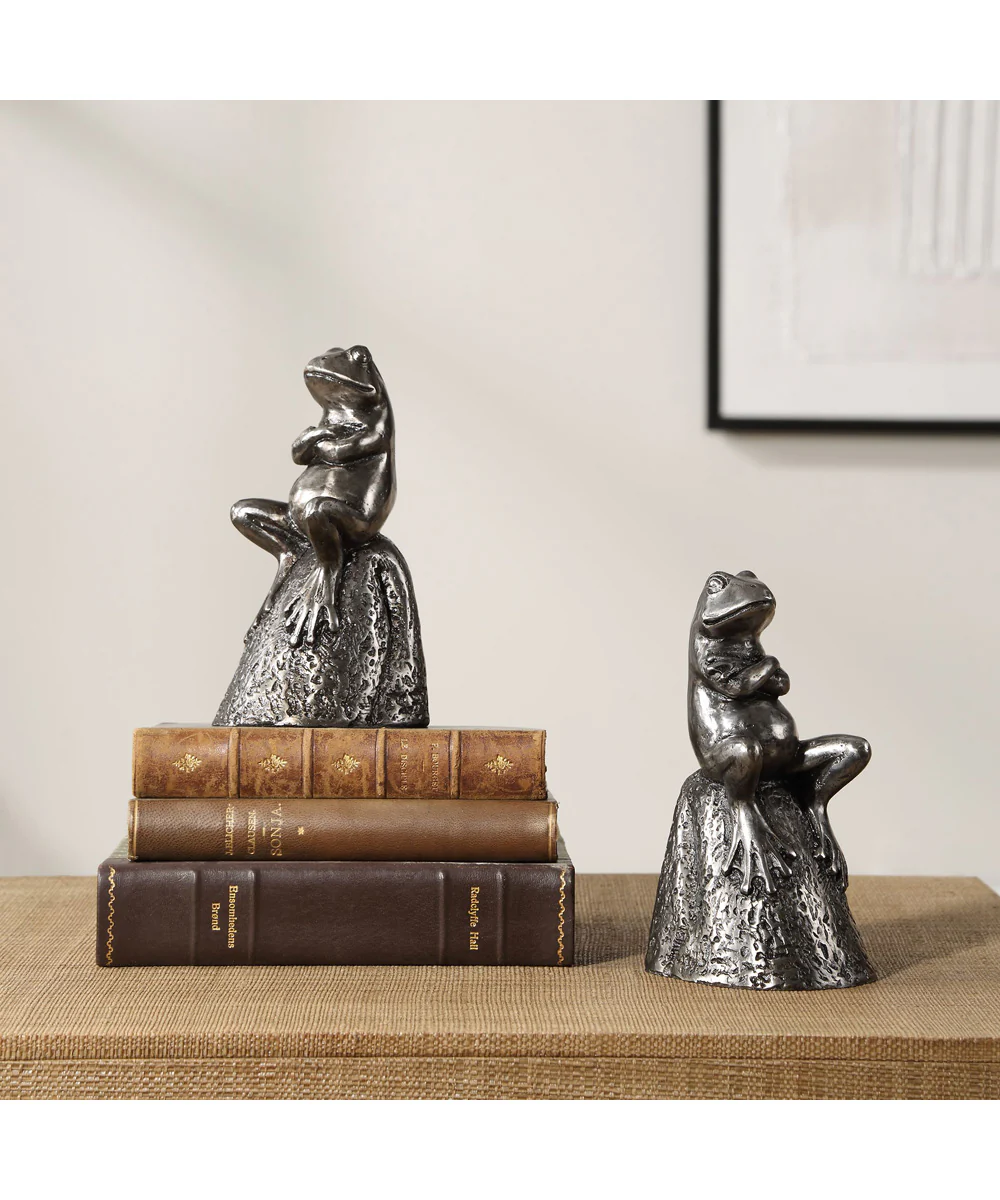 Daydreaming Frogs Aged Silver Bookends, Set of 2 - Image 3