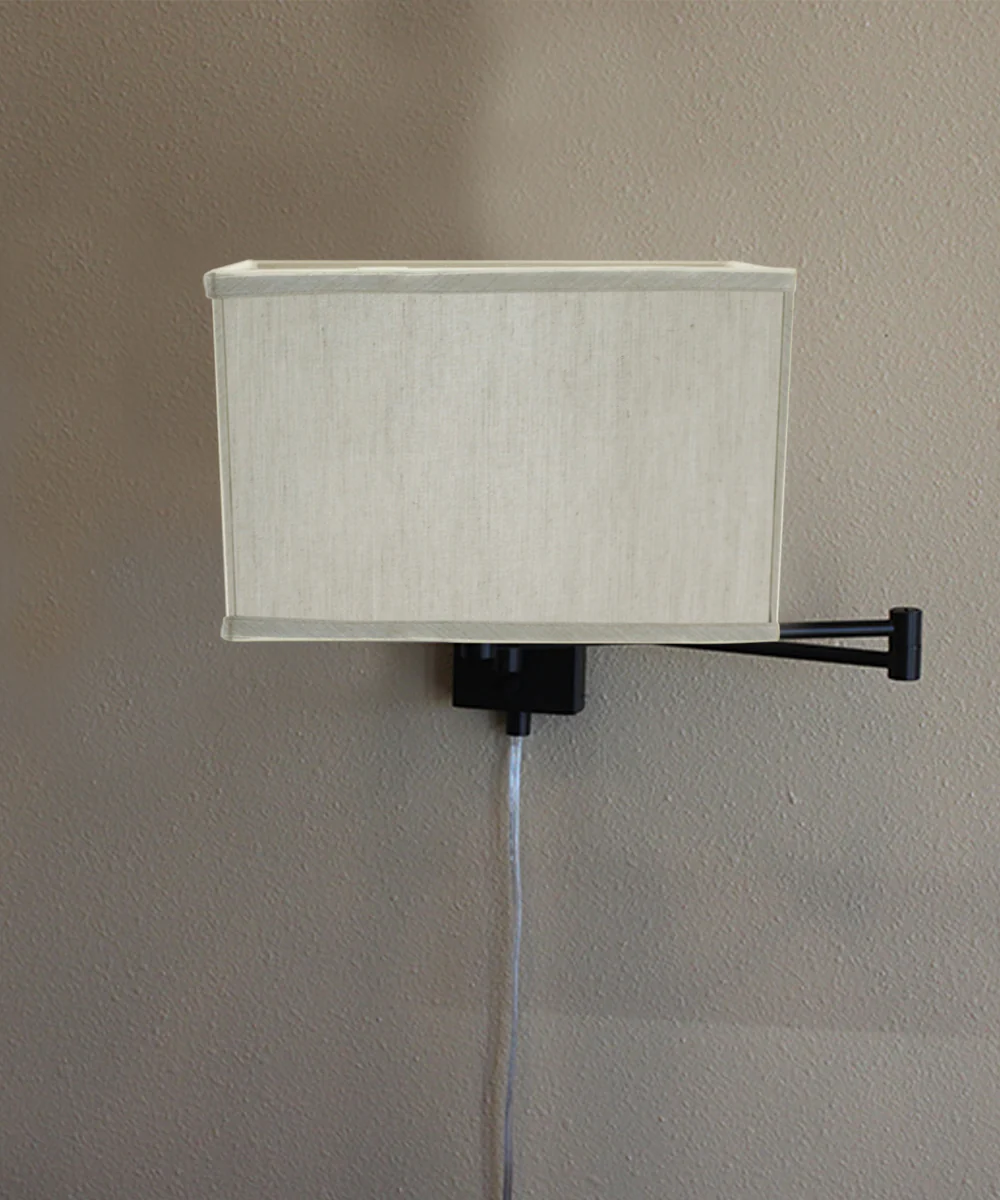 Dimmable Swing Arm Wall Light Bronze Brown Finish with Textured Oatmeal Rectangular Lampshade - For Bedside, Living Room, Reading Chair - Image 3