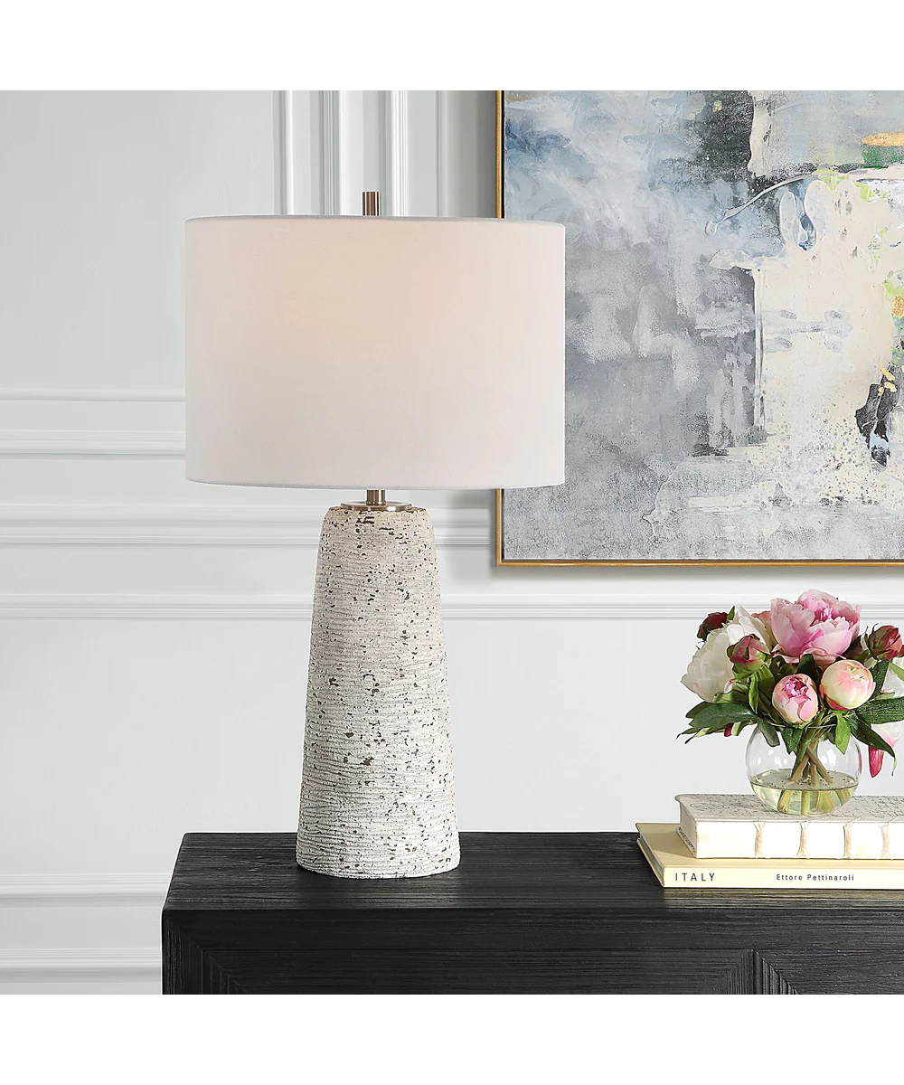Distressed Ceramic Tapered Table Lamp with White Linen - Image 2
