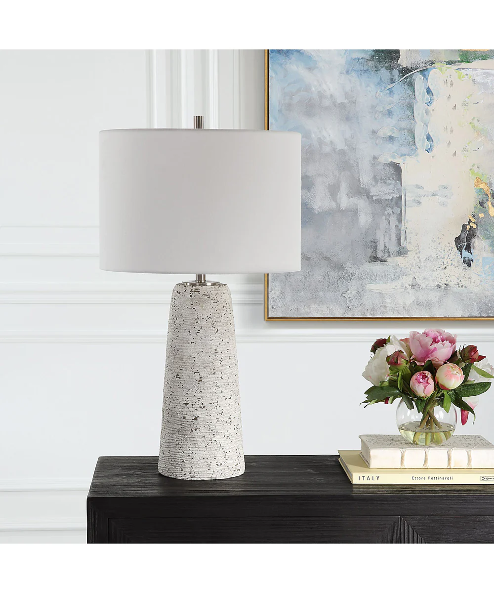 Distressed Ceramic Tapered Table Lamp with White Linen - Image 3