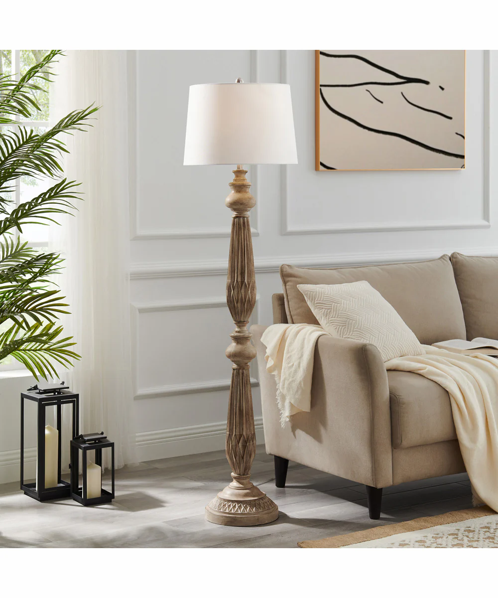 Garo 1-Light Floor Lamp Brushed Wood Finished/White Linen - Image 3