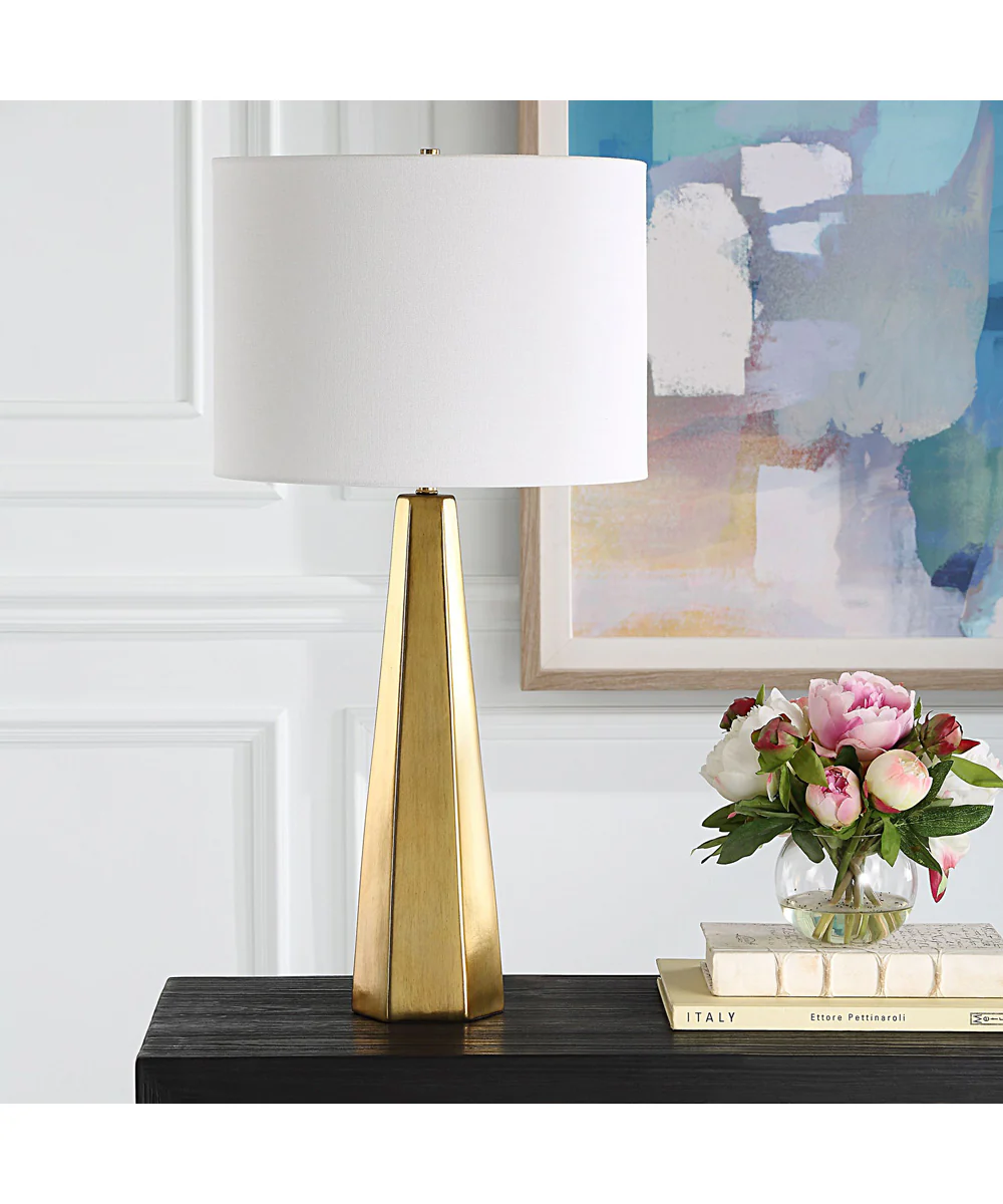 Hexagon Ceramic Gold Table Lamp with White Linen - Image 3