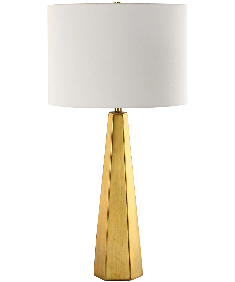 Hexagon Ceramic Gold Table Lamp with White Linen - Image 4