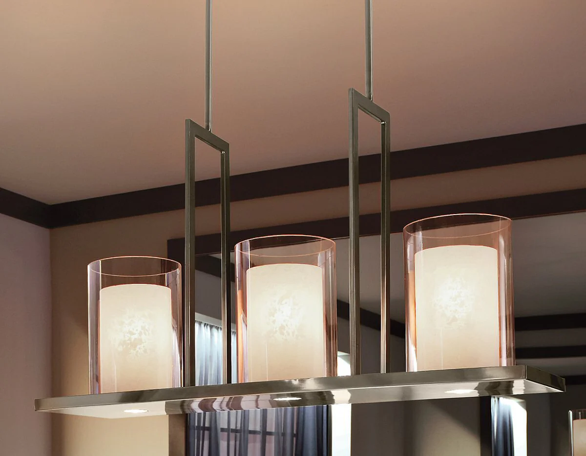 Triad 40"W 6-Light Classic Pewter Finish Clear Glass White Vetro Mica Shades Linear Chandelier by Kichler - Image 6
