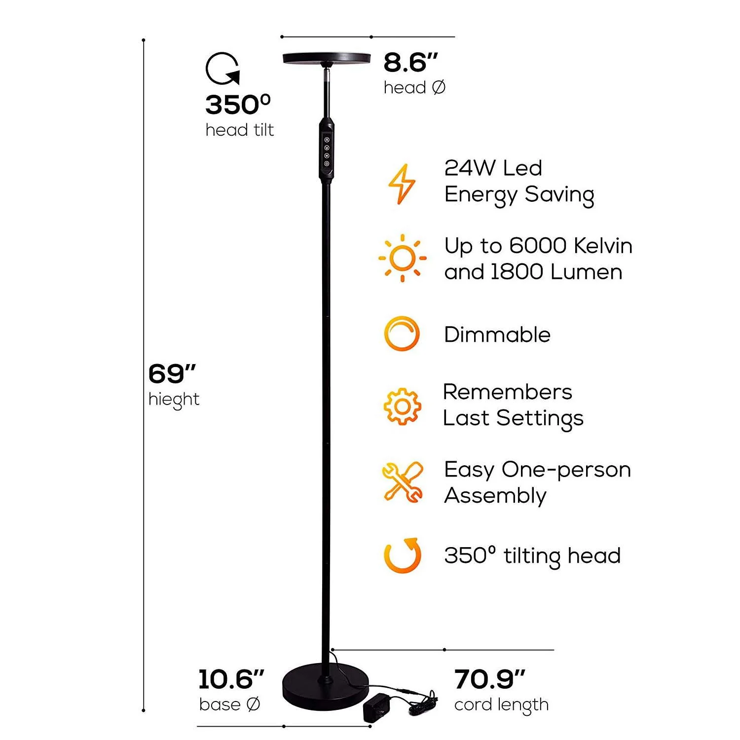 63"H LED Torchiere Floor Lamp (5 Color Settings) 2100 Lumens Dimmable Black Metal with Remote - Image 5