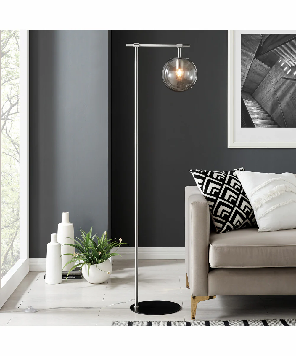 Lencho 1-Light Floor Lamp Brushed Nickel/Smoke Glass Shade - Image 3